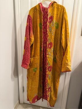 Hooded Floral Reversible Kantha Kimono Duster Robe